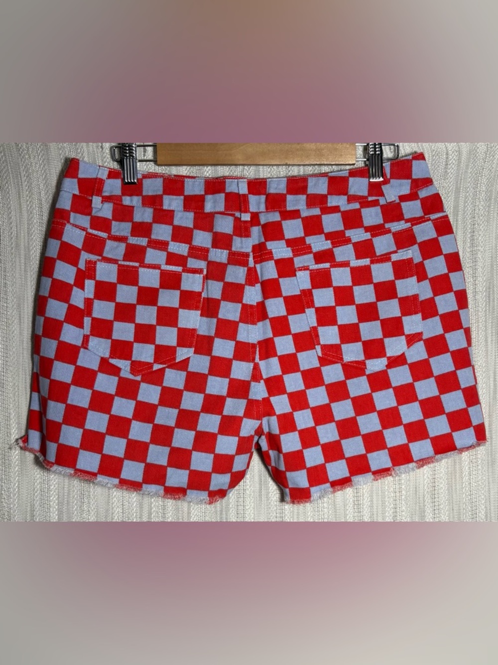 Edikted Red and Light Blue Checkerboard Jean Shorts - Picture 2 of 5